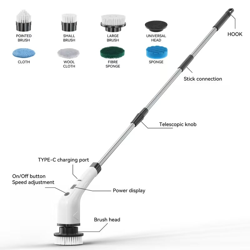 2026 Ultra-Power 7-in-1 Electric Cleaning Brush | Extendable Long Handle Scrubber | Cordless Waterproof Sweeper for Kitchen, Bathroom & Floor
