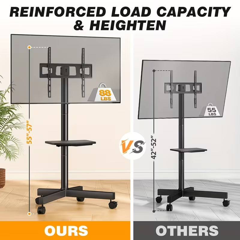 TAVR Mobile TV Cart with Wheels for 23-65 Inch TVs | Height Adjustable Stand with AV Shelf | Universal VESA 400x400, Holds 88lbs