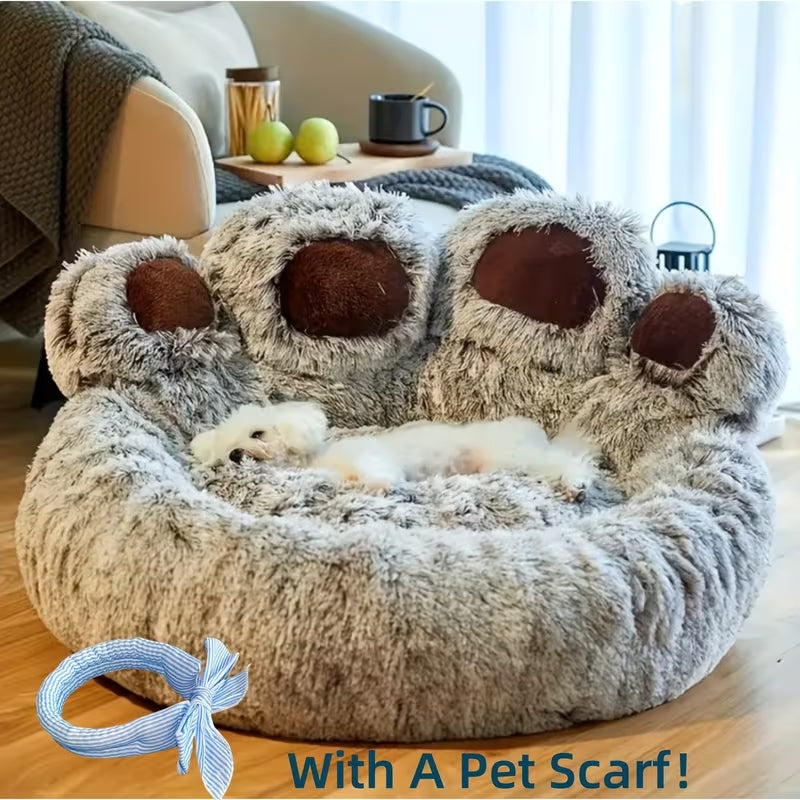 Ultra-Soft Bear Paw Shaped Pet Bed | Calming Donut Mattress for Dogs & Cats | Warm Plush Sleep Station with Bonus Pet Scarf
