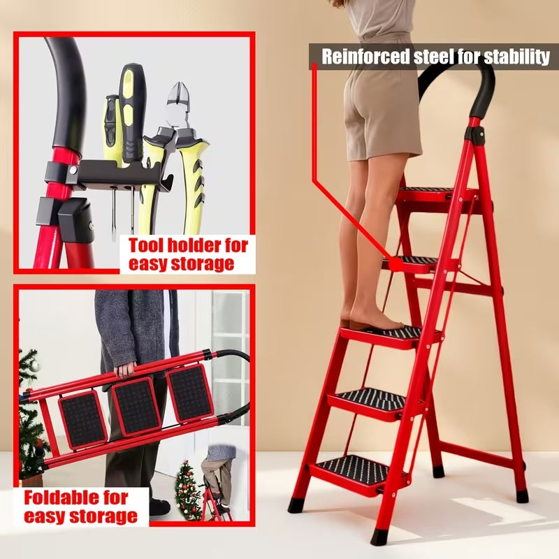 Multi-Functional Foldable Step Ladder | 3/4/5 Step Options | Portable Heavy-Duty Metal & Plastic Indoor Stairs