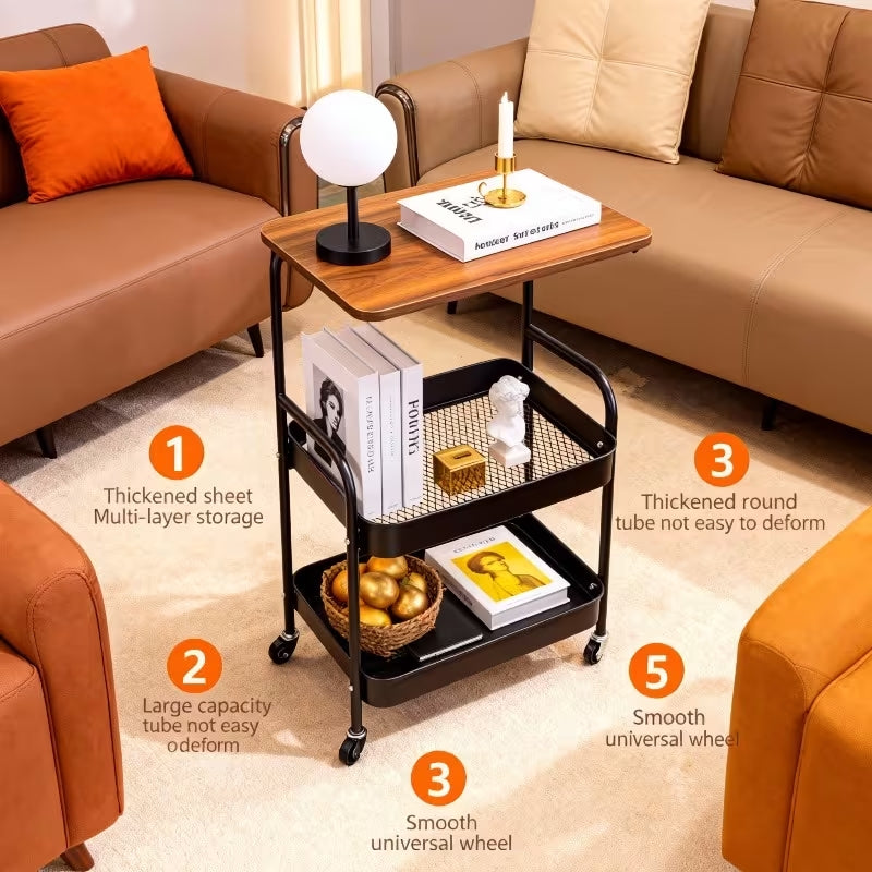 Premium 3-Tier Metal Rolling Utility Cart | Multifunctional Storage Rack with Wooden Tabletop | Heavy-Duty Mobile Organizer
