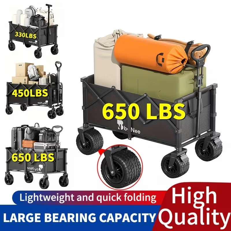Heavy-Duty All-Terrain Collapsible Wagon | Large Capacity Folding Utility Cart for Camping, Beach & Gardening | Sleek Black Design