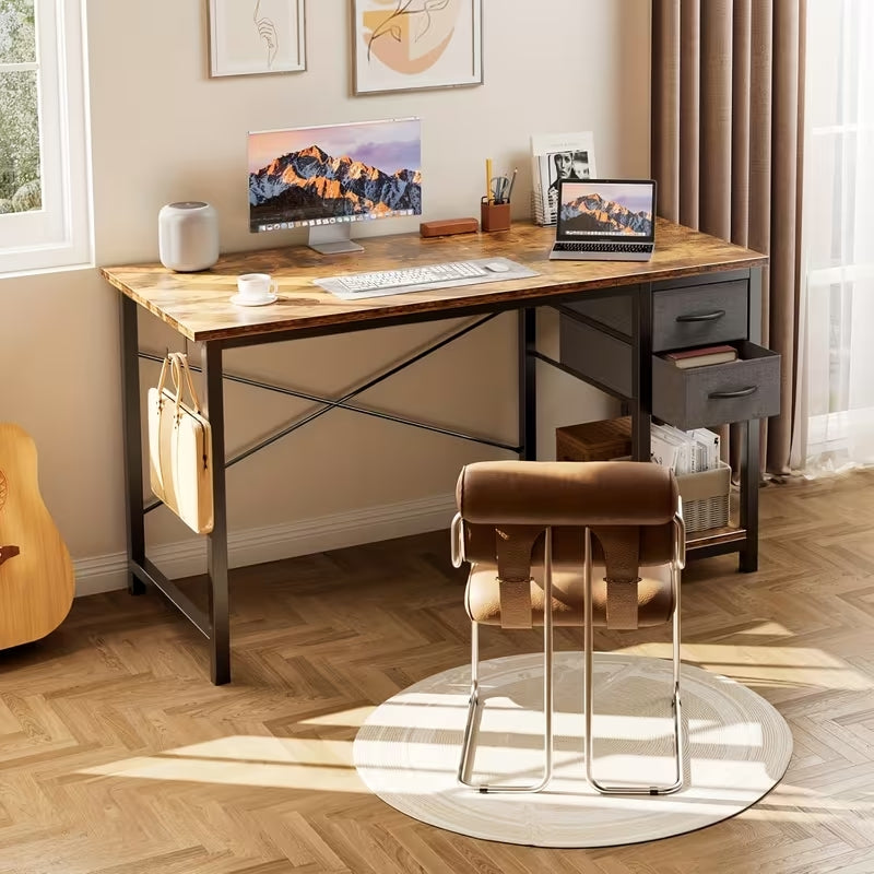 47-Inch Modern Computer Gaming Desk with 2 Fabric Storage Drawers | Versatile Home Office Study Table | Sturdy Writing Desk for Work & Education
