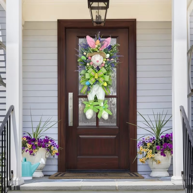 Adorable Easter Bunny Floral Wreath with Colorful Eggs - Spring Front Door Decor