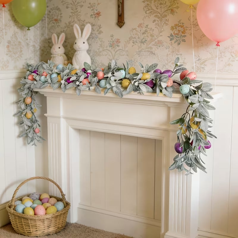 Artificial Nordic Lambs Ear & Easter Egg Garland - Spring Hanging Decor for Mantel & Parties
