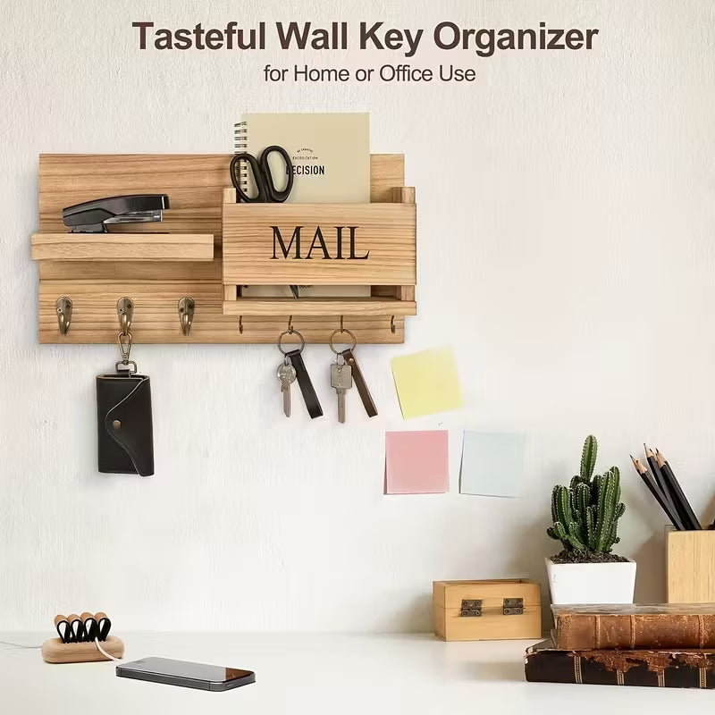Rustic Solid Wood Wall-Mounted Entryway Shelf | Multi-Functional Floating Organizer with Key Hooks | Farmhouse Decor for Home & Office