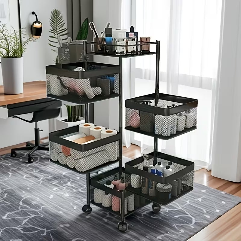 Premium 5-Tier Rotating Storage Trolley with Wheels | Square Multi-Layer Rolling Basket Organizer | Space-Saving Rack for Office, Kitchen & Bathroom