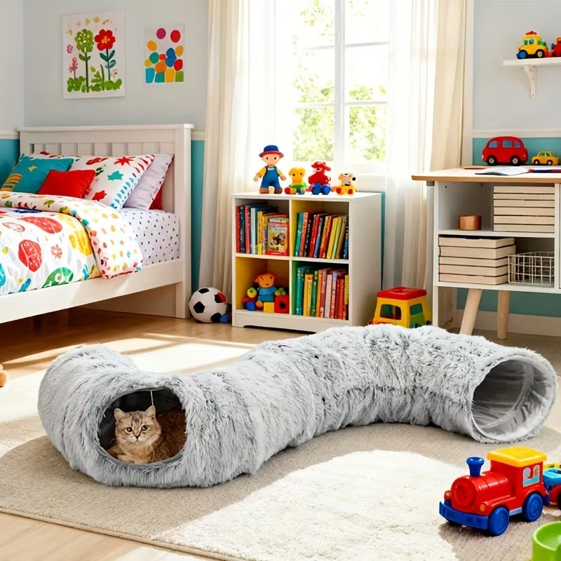 Luxury 2-in-1 Plush Cat Tunnel Bed | Ultra-Soft Winter Warm Donut Nest | Anti-Anxiety Hideaway with Interactive Toy & Peekaboo Hole