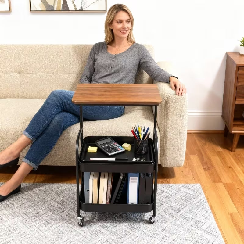 Premium 3-Tier Metal Rolling Utility Cart | Multifunctional Storage Rack with Wooden Tabletop | Heavy-Duty Mobile Organizer