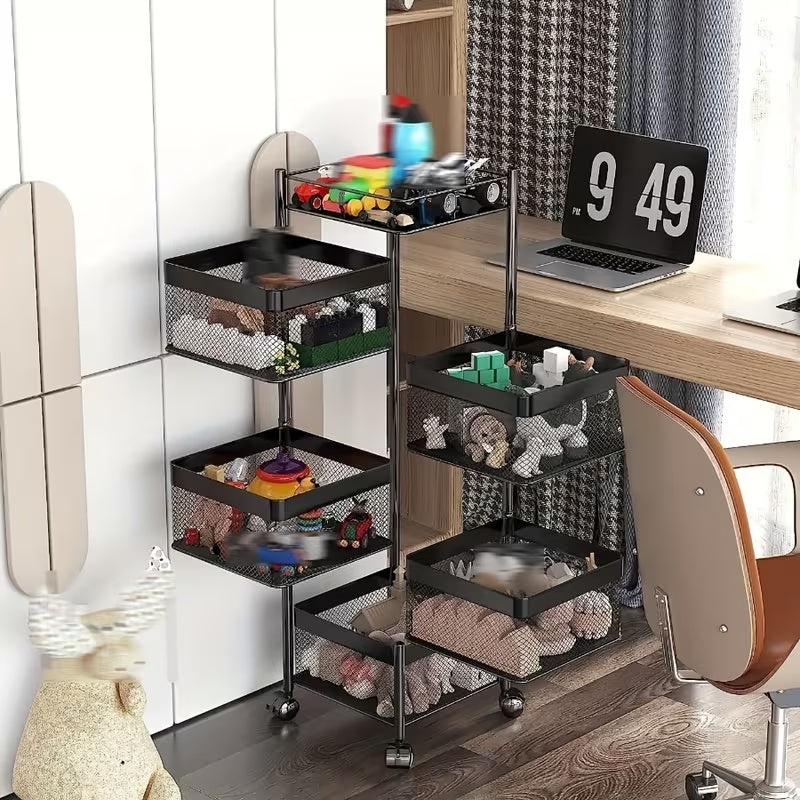 Premium 5-Tier Rotating Storage Trolley with Wheels | Square Multi-Layer Rolling Basket Organizer | Space-Saving Rack for Office, Kitchen & Bathroom