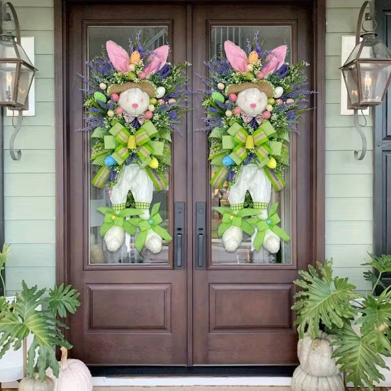 Adorable Easter Bunny Floral Wreath with Colorful Eggs - Spring Front Door Decor