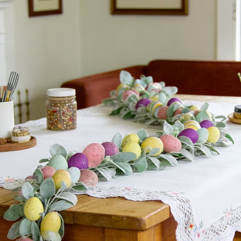Artificial Nordic Lambs Ear & Easter Egg Garland - Spring Hanging Decor for Mantel & Parties