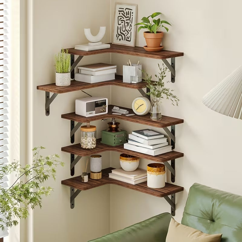 Rustic Wood Corner Floating Shelves Set (5/6 Pcs) | Heavy-Duty L-Shaped Wall Organizer | Space-Saving Decor for Bedroom, Bathroom, Kitchen & Living Room