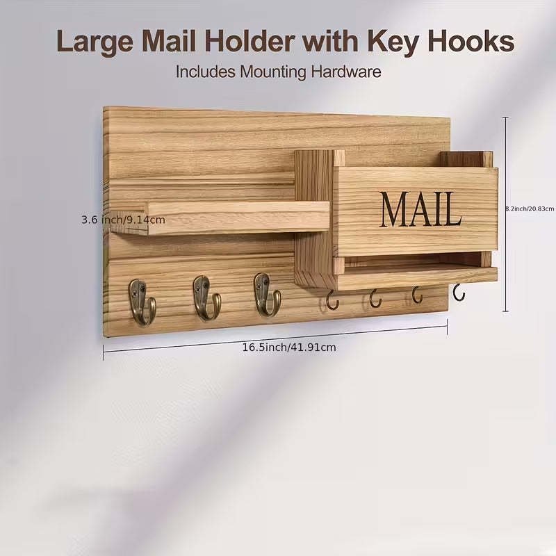 Rustic Solid Wood Wall-Mounted Entryway Shelf | Multi-Functional Floating Organizer with Key Hooks | Farmhouse Decor for Home & Office