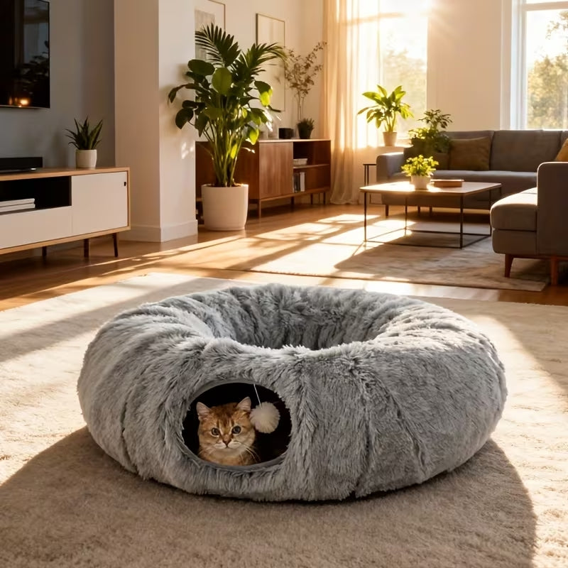 Luxury 2-in-1 Plush Cat Tunnel Bed | Ultra-Soft Winter Warm Donut Nest | Anti-Anxiety Hideaway with Interactive Toy & Peekaboo Hole