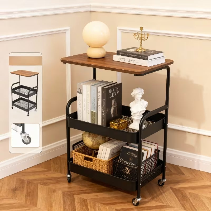 Premium 3-Tier Metal Rolling Utility Cart | Multifunctional Storage Rack with Wooden Tabletop | Heavy-Duty Mobile Organizer