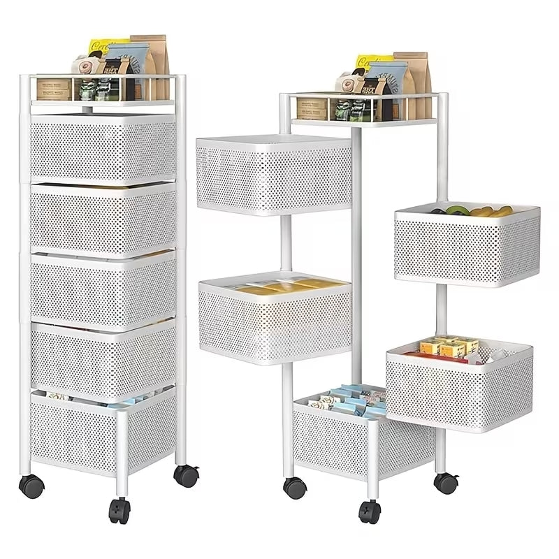 Premium 5-Tier Rotating Storage Trolley with Wheels | Square Multi-Layer Rolling Basket Organizer | Space-Saving Rack for Office, Kitchen & Bathroom