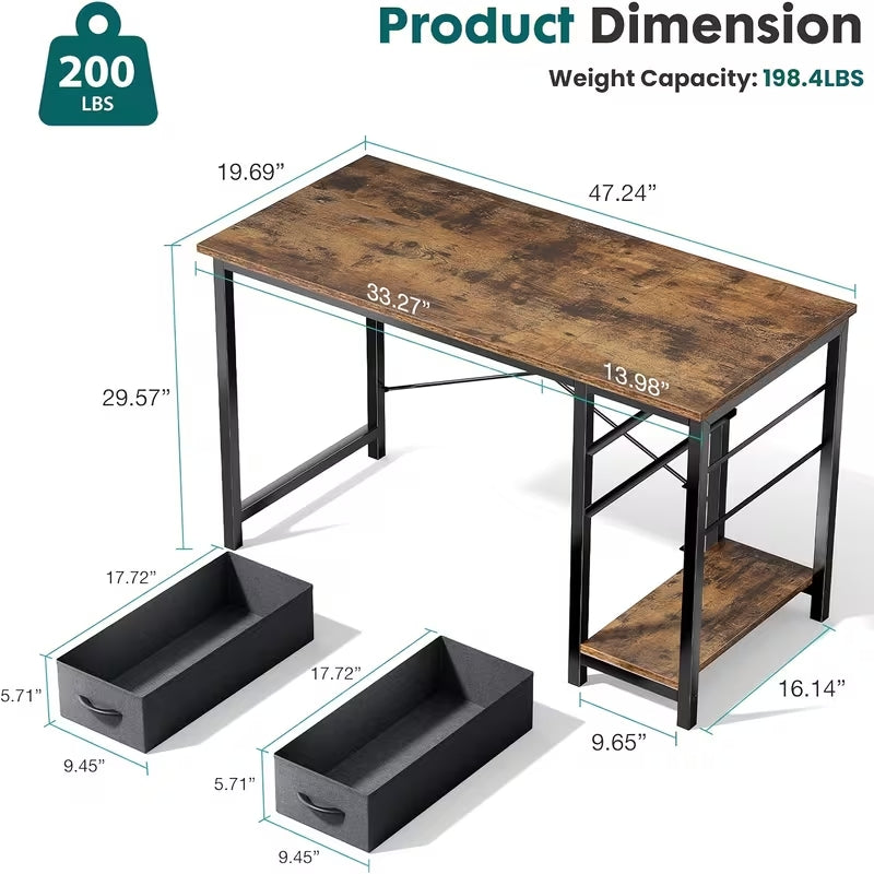 47-Inch Modern Computer Gaming Desk with 2 Fabric Storage Drawers | Versatile Home Office Study Table | Sturdy Writing Desk for Work & Education
