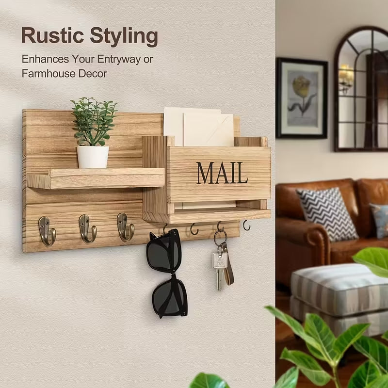 Rustic Solid Wood Wall-Mounted Entryway Shelf | Multi-Functional Floating Organizer with Key Hooks | Farmhouse Decor for Home & Office