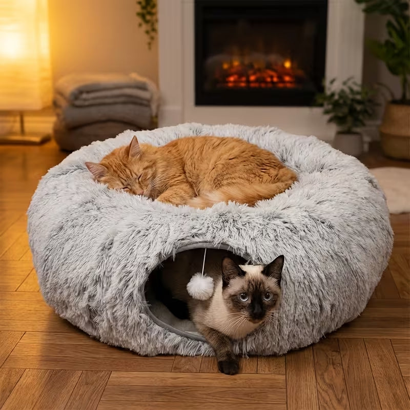 Luxury 2-in-1 Plush Cat Tunnel Bed | Ultra-Soft Winter Warm Donut Nest | Anti-Anxiety Hideaway with Interactive Toy & Peekaboo Hole
