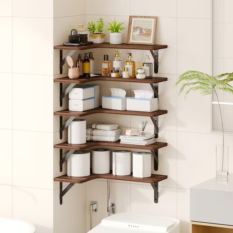 Rustic Wood Corner Floating Shelves Set (5/6 Pcs) | Heavy-Duty L-Shaped Wall Organizer | Space-Saving Decor for Bedroom, Bathroom, Kitchen & Living Room