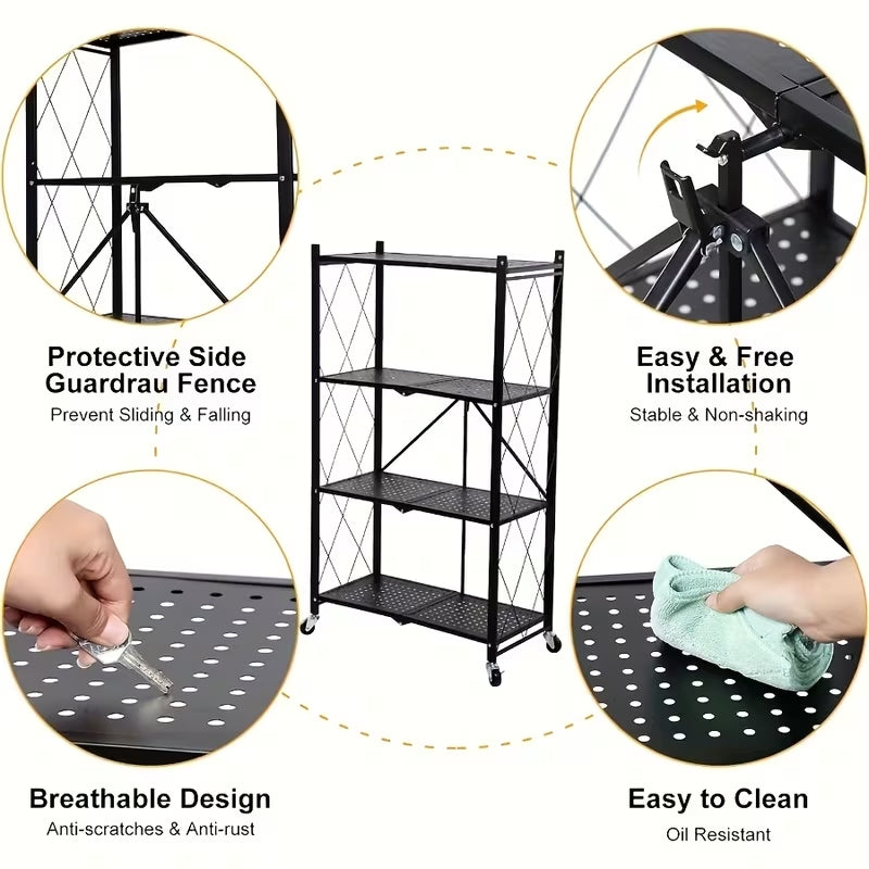 Premium Portable Folding Storage Rack with Wheels | Multi-Functional Mobile Shelving Unit | Heavy-Duty Space-Saver for Kitchen, Garage & Office