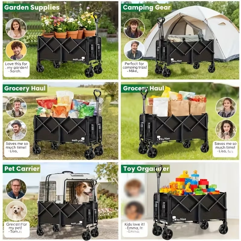 Heavy-Duty All-Terrain Collapsible Wagon | Large Capacity Folding Utility Cart for Camping, Beach & Gardening | Sleek Black Design