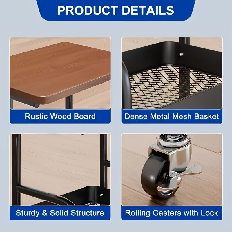 Premium 3-Tier Metal Rolling Utility Cart | Multifunctional Storage Rack with Wooden Tabletop | Heavy-Duty Mobile Organizer