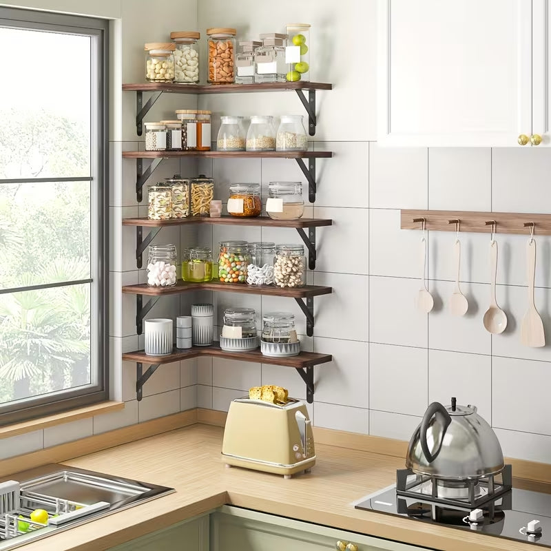 Rustic Wood Corner Floating Shelves Set (5/6 Pcs) | Heavy-Duty L-Shaped Wall Organizer | Space-Saving Decor for Bedroom, Bathroom, Kitchen & Living Room