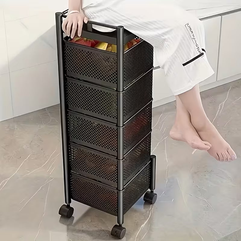 Premium 5-Tier Rotating Storage Trolley with Wheels | Square Multi-Layer Rolling Basket Organizer | Space-Saving Rack for Office, Kitchen & Bathroom