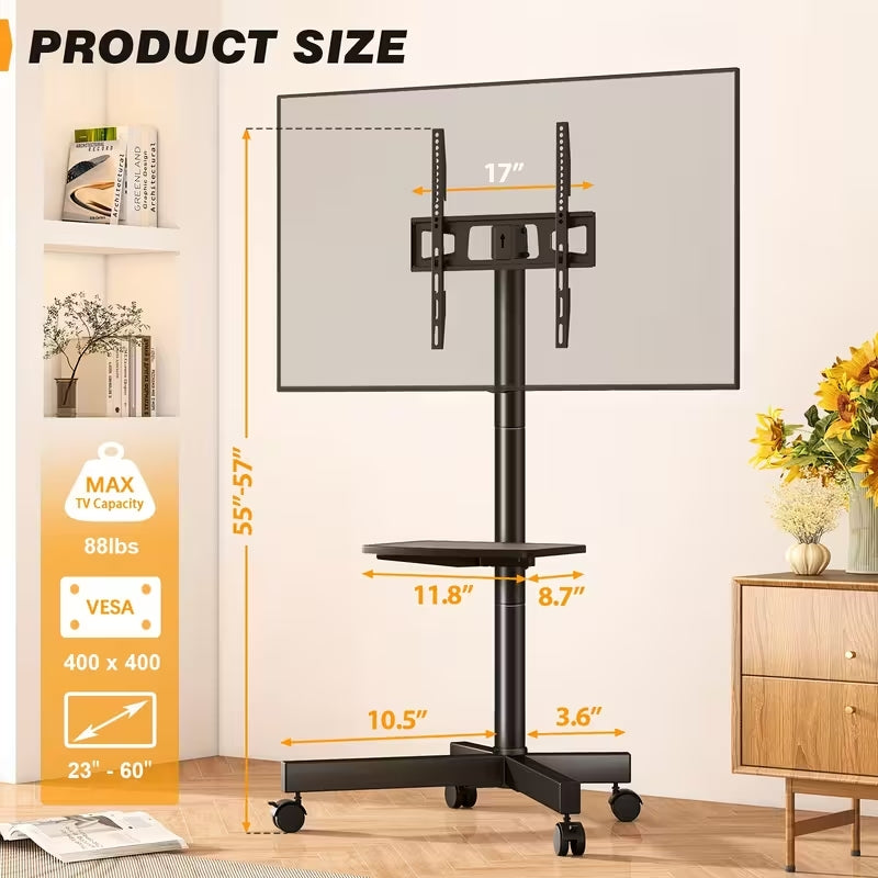 TAVR Mobile TV Cart with Wheels for 23-65 Inch TVs | Height Adjustable Stand with AV Shelf | Universal VESA 400x400, Holds 88lbs