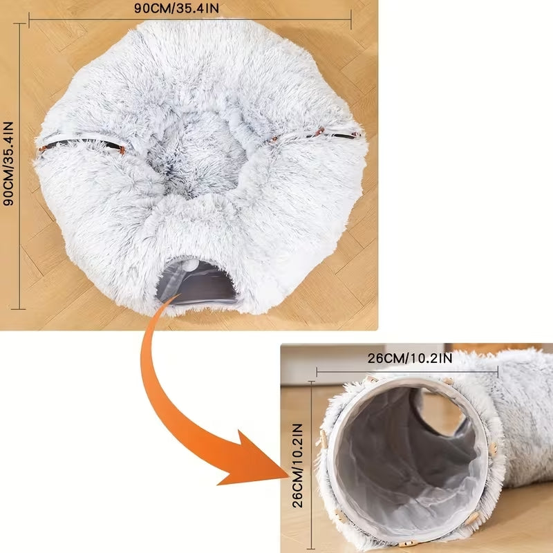 Luxury 2-in-1 Plush Cat Tunnel Bed | Ultra-Soft Winter Warm Donut Nest | Anti-Anxiety Hideaway with Interactive Toy & Peekaboo Hole