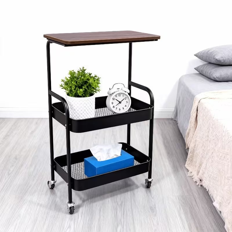 Premium 3-Tier Metal Rolling Utility Cart | Multifunctional Storage Rack with Wooden Tabletop | Heavy-Duty Mobile Organizer