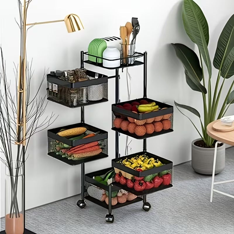 Premium 5-Tier Rotating Storage Trolley with Wheels | Square Multi-Layer Rolling Basket Organizer | Space-Saving Rack for Office, Kitchen & Bathroom