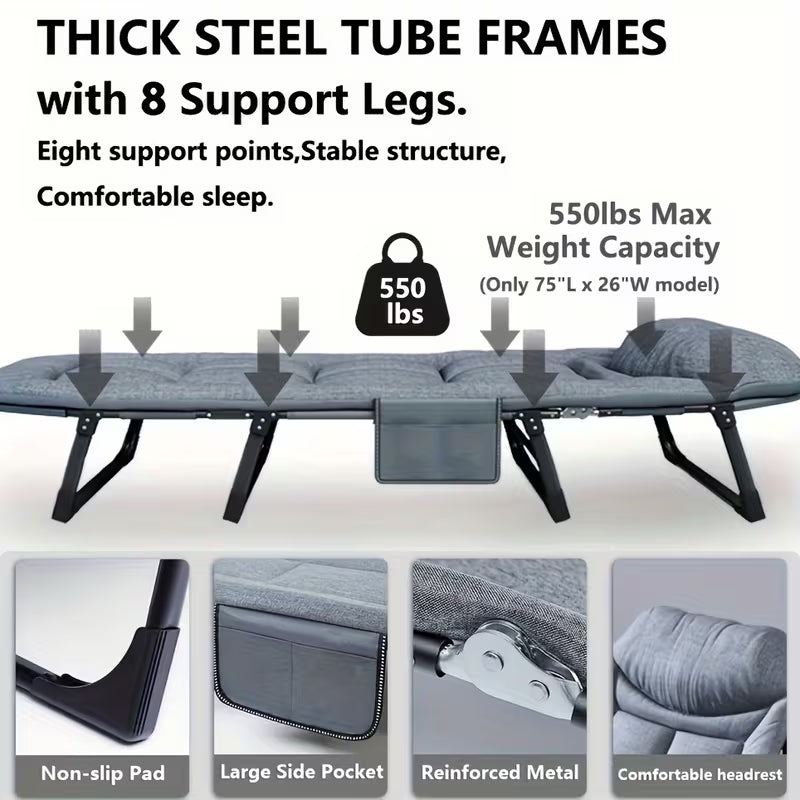 Heavy-Duty 550 lbs Capacity Folding Camping Bed | 71" Adjustable Outdoor Lounge Chair | Portable Guest Cot for Travel, Beach & Home Office