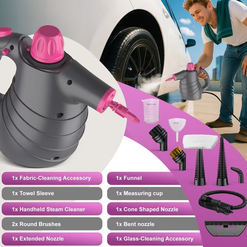 1050W Handheld Multi-Purpose Steam Cleaner | 12-Piece Accessory Kit | Chemical-Free Deep Cleaning for Home, Car & Furniture