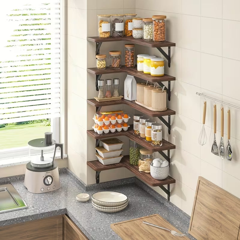 Rustic Wood Corner Floating Shelves Set (5/6 Pcs) | Heavy-Duty L-Shaped Wall Organizer | Space-Saving Decor for Bedroom, Bathroom, Kitchen & Living Room