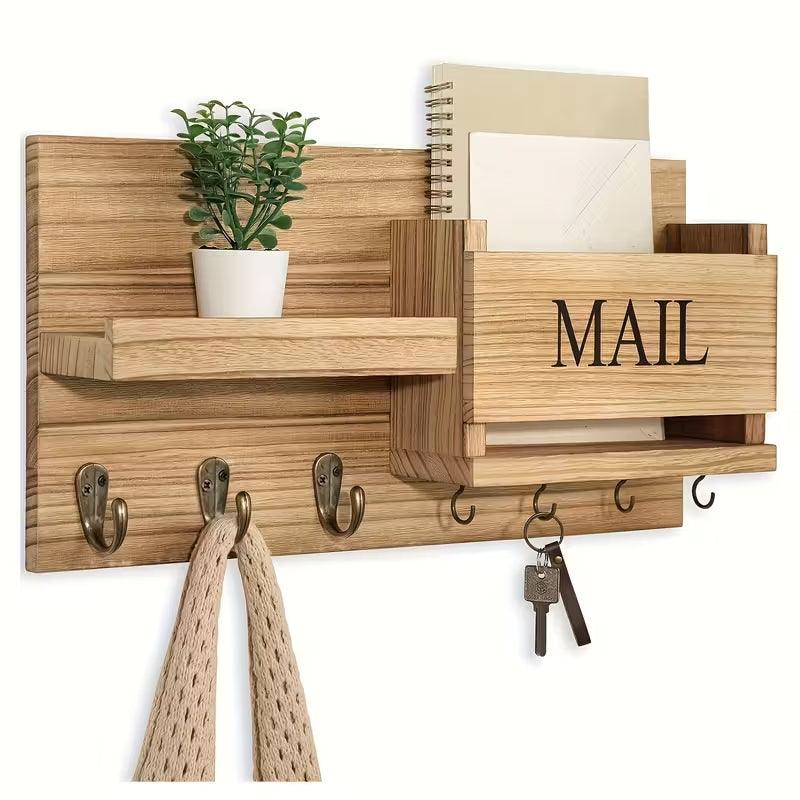 Rustic Solid Wood Wall-Mounted Entryway Shelf | Multi-Functional Floating Organizer with Key Hooks | Farmhouse Decor for Home & Office