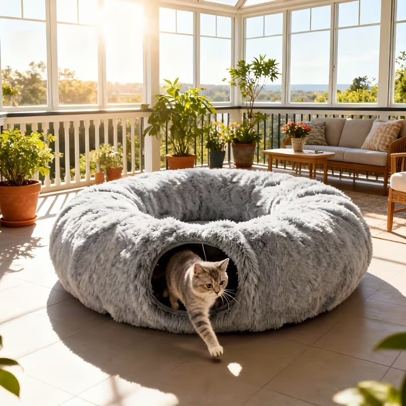 Luxury 2-in-1 Plush Cat Tunnel Bed | Ultra-Soft Winter Warm Donut Nest | Anti-Anxiety Hideaway with Interactive Toy & Peekaboo Hole