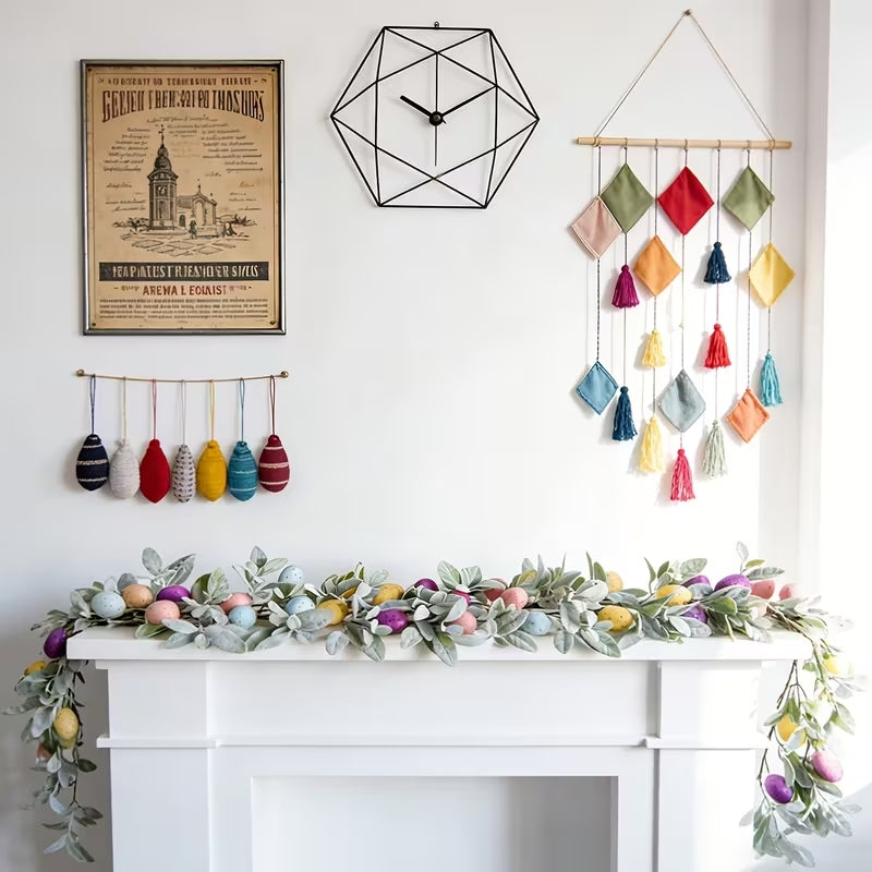 Artificial Nordic Lambs Ear & Easter Egg Garland - Spring Hanging Decor for Mantel & Parties