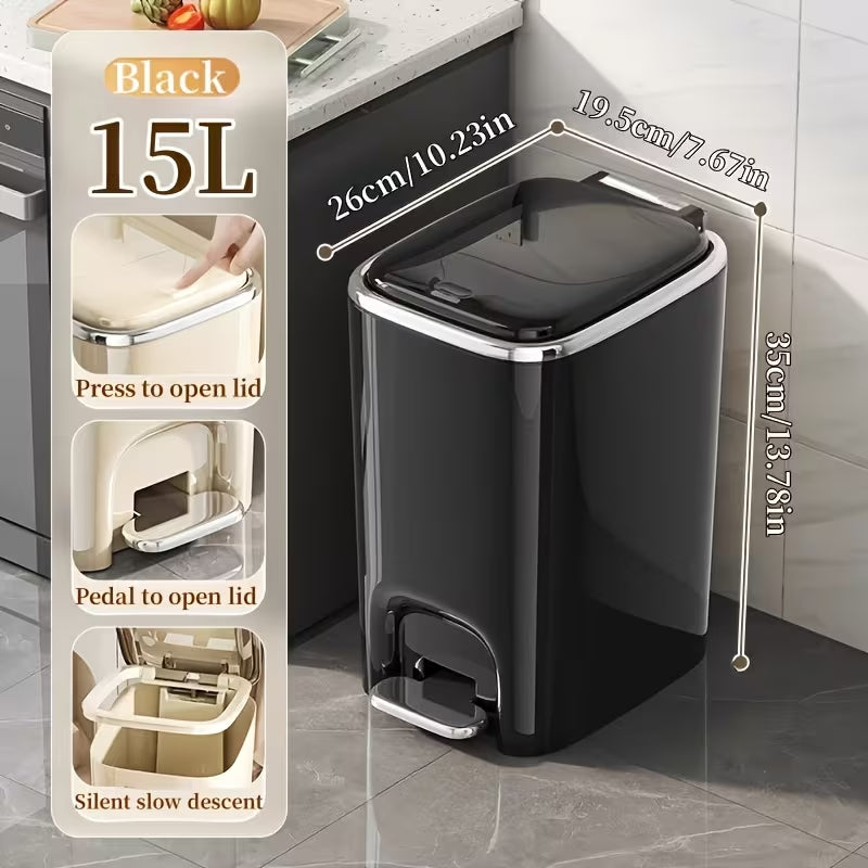 15L/3.96 Gal Slim Dual-Opening Trash Can - Chrome Plated Waste Bin with Pedal & Press Lid