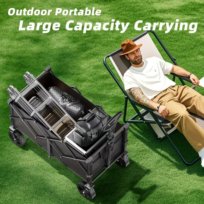 Heavy-Duty All-Terrain Collapsible Wagon | Large Capacity Folding Utility Cart for Camping, Beach & Gardening | Sleek Black Design