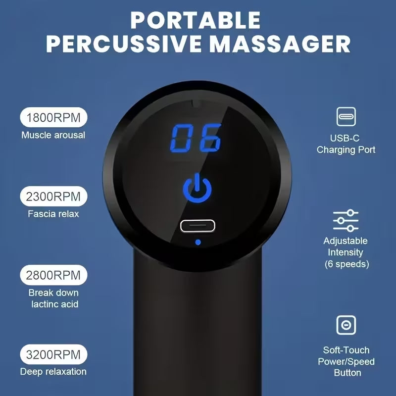 Premium Portable Deep Tissue Massage Gun | 6-Speed Muscle Recovery Fascia Gun | USB Rechargeable with 4 Interchangeable Heads