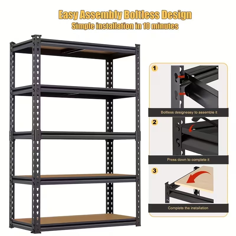 72" Heavy-Duty 5-Tier Garage Shelving Unit | 2000lbs Total Capacity | Adjustable Steel Storage Rack for Pantry, Kitchen & Garage (Black)