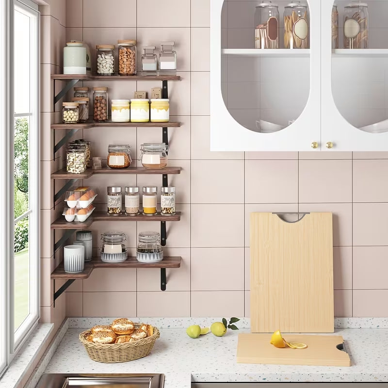 Rustic Wood Corner Floating Shelves Set (5/6 Pcs) | Heavy-Duty L-Shaped Wall Organizer | Space-Saving Decor for Bedroom, Bathroom, Kitchen & Living Room