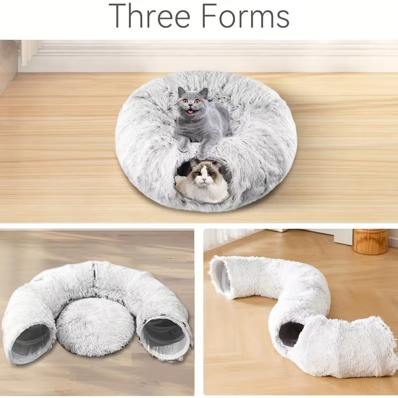 Luxury 2-in-1 Plush Cat Tunnel Bed | Ultra-Soft Winter Warm Donut Nest | Anti-Anxiety Hideaway with Interactive Toy & Peekaboo Hole