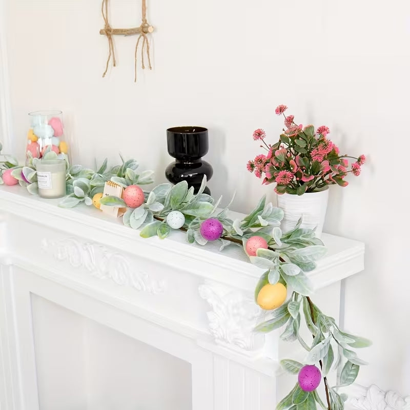 Artificial Nordic Lambs Ear & Easter Egg Garland - Spring Hanging Decor for Mantel & Parties