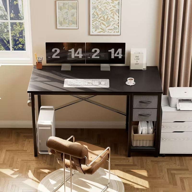 47-Inch Modern Computer Gaming Desk with 2 Fabric Storage Drawers | Versatile Home Office Study Table | Sturdy Writing Desk for Work & Education