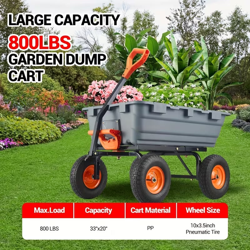 Heavy-Duty Poly Garden Dump Cart - 800 Lbs Capacity Yard Wagon with 10" Tires & Quick Release