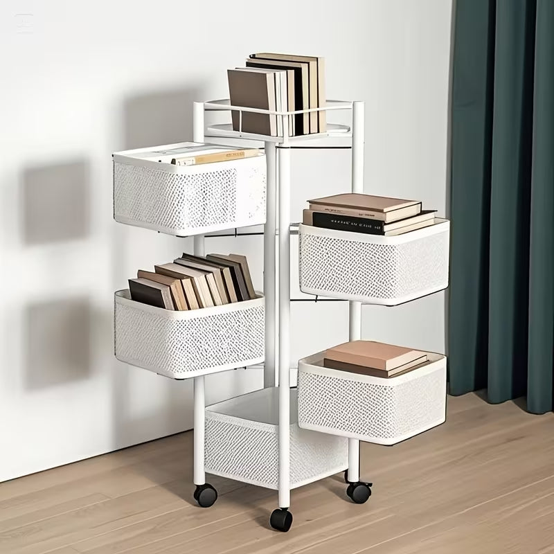 Premium 5-Tier Rotating Storage Trolley with Wheels | Square Multi-Layer Rolling Basket Organizer | Space-Saving Rack for Office, Kitchen & Bathroom